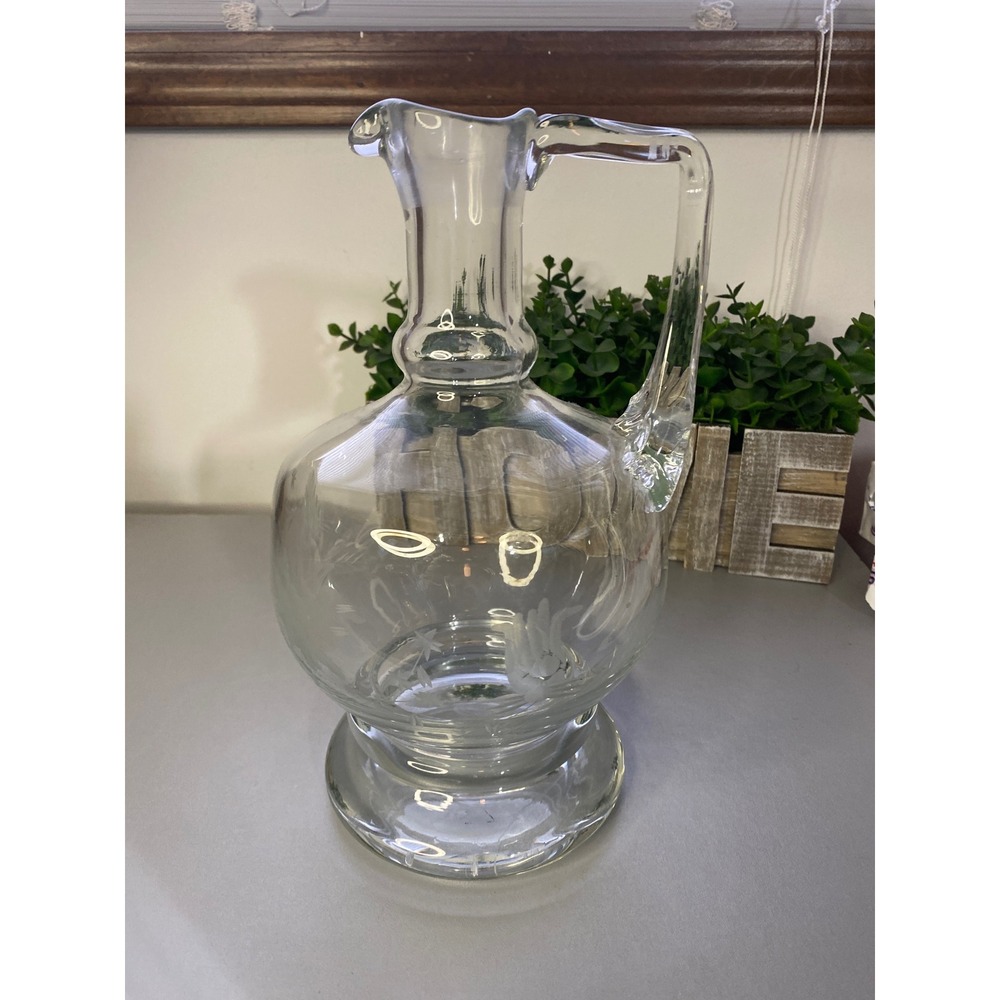 Vintage Etched Glass Pitcher Carafe Clear Floral Design Handle‎ Spout
